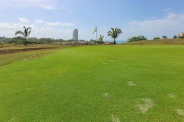 Golf course overlooking ocean inside Casamar gated community with palm trees and ocean backdrop in Panama