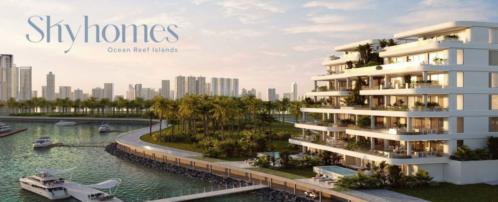 Modern luxury Skyhome building on Ocean Reef with terraces, private pools, and lush landscaping