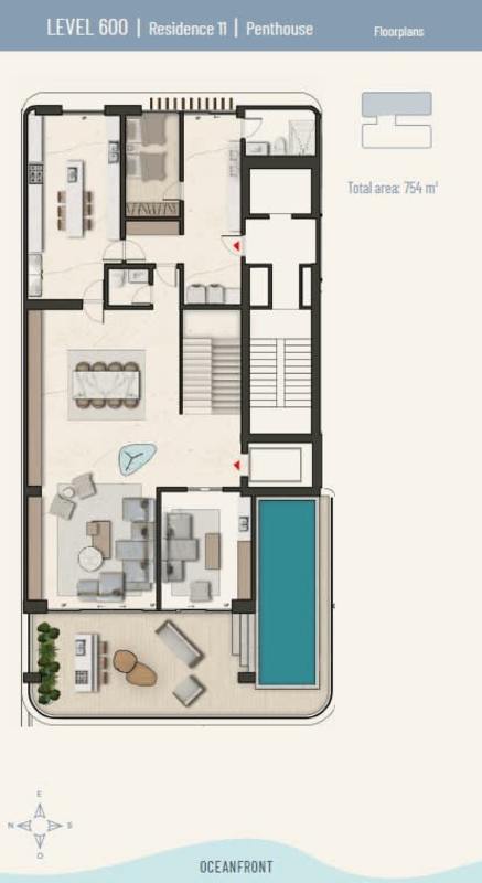 Floor plan penthouse luxury apartment with four bedrooms, terraces and pools in Ocean Reef Islands Panama