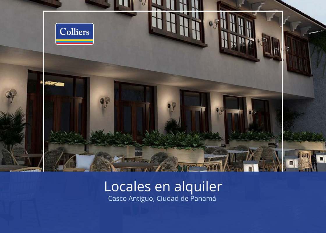 Colonial facade commercial property with windows and outdoor seating Casco Antiguo Panama