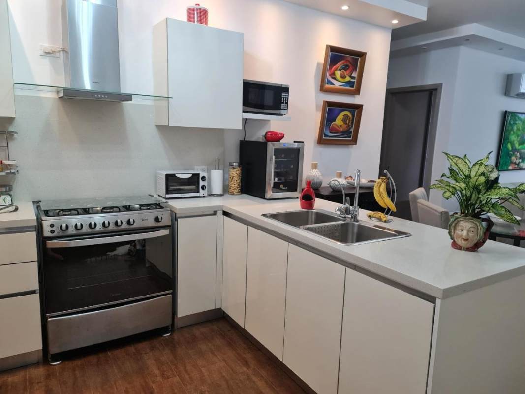 Contemporary kitchen with gas stove, range hood in Costa Sur Gardens Panama