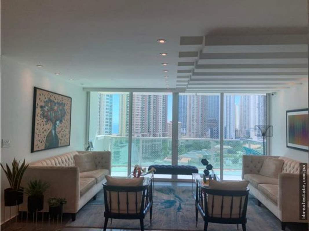 Dining room with contemporary furnishings and lighting apartment Mystic Point Punta Pacifica Panama City
