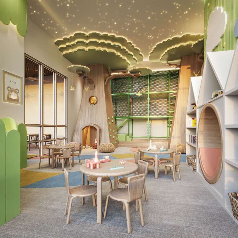 Kids' playroom with tree structure, star ceiling and natural decor in PH Corotu Panama