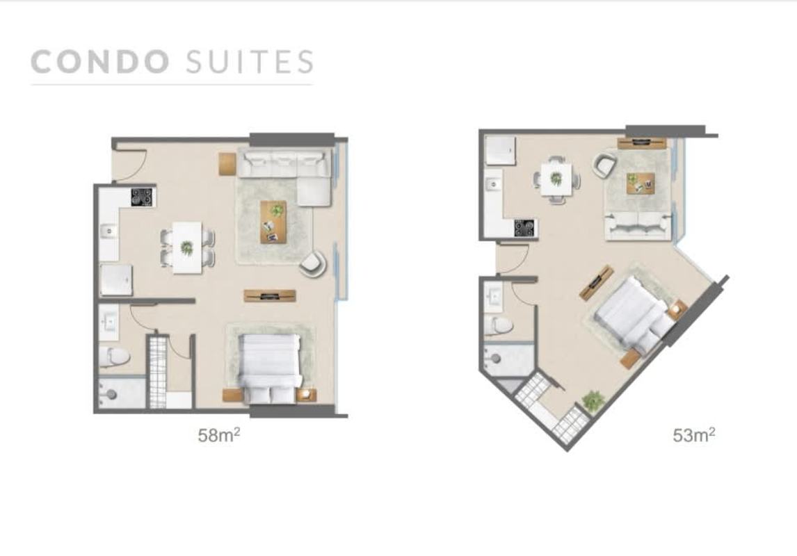 Floor plans of furnished studio apartments in Generation Tower Costa del Este