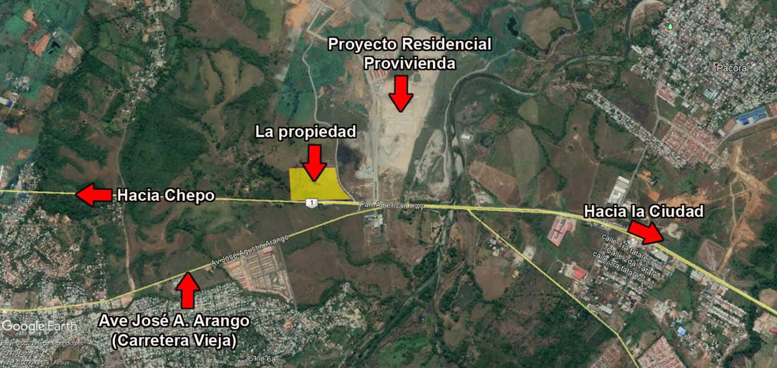 Satellite map showing 7.3 hectares development land location near Pacora with access roads
