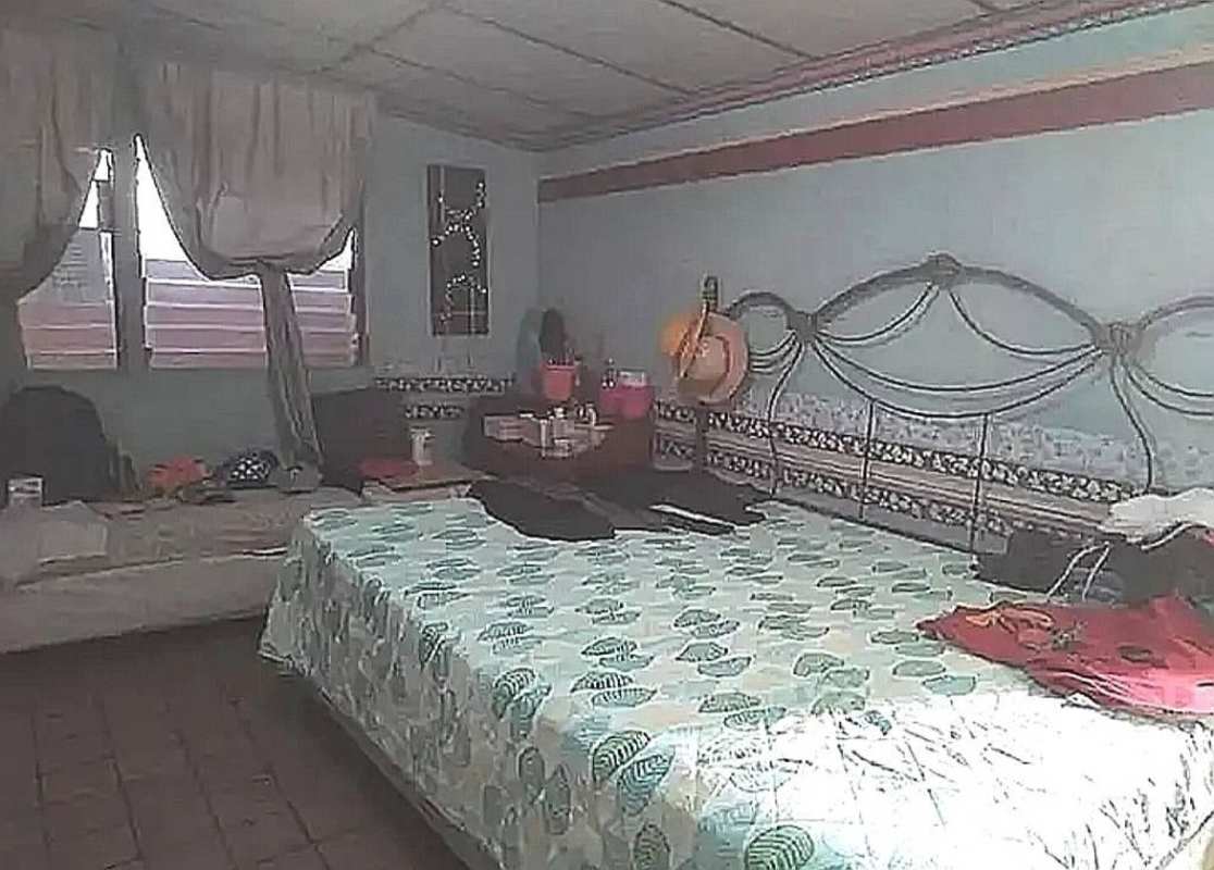 Bedroom with blue-painted walls, natural light, windows with curtains, Panama