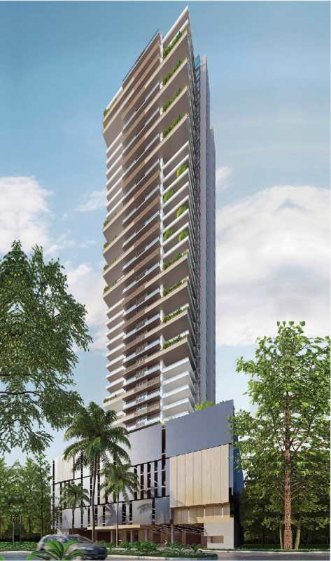 Contemporary high-rise PH Nogal Costa del Este with wavy balconies and lush landscaping