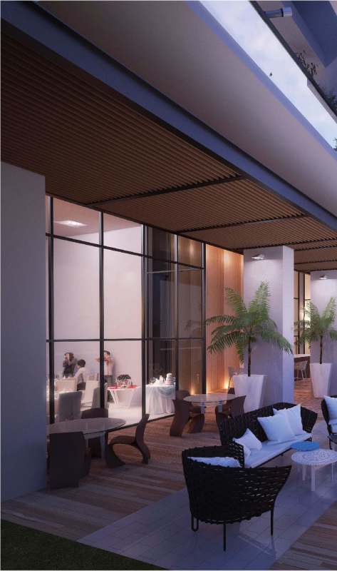Outdoor terrace lounge with seating and city views at Nogal Tower Costa del Este Panama