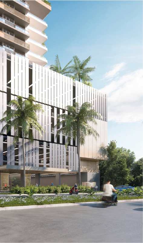 Contemporary high-rise condominium Nogal Tower with balconies and vertical gardens in Panama City