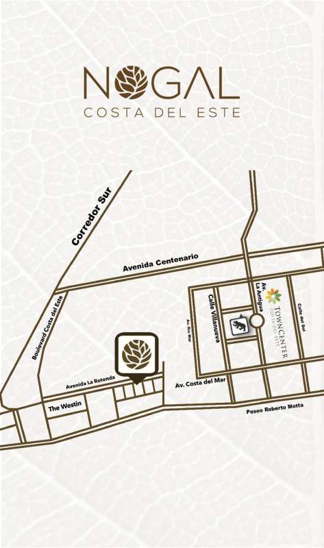 Map showing Nogal Tower location in Costa del Este near Town Center and hotels Panama City