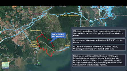 Aerial satellite of Finca Bique edge with ocean and planned infrastructure Panama Oeste