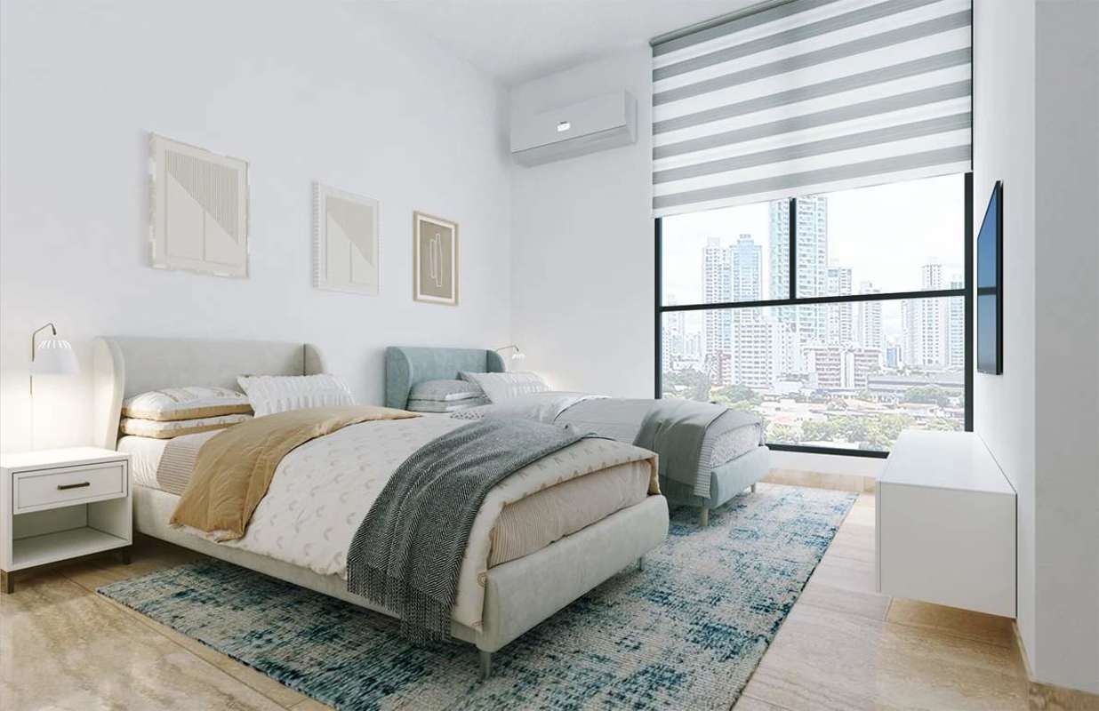 Luxury master bedroom with skyline and ocean view at PH Riviera del Mar in Panama City