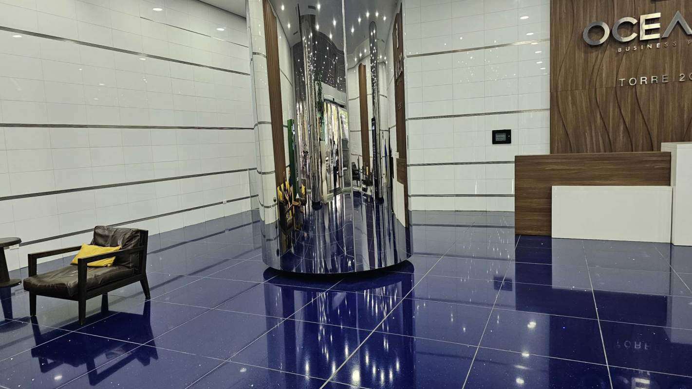 Modern corporate interior lobby of Oceania Business Plaza Punta Pacifica Panama City