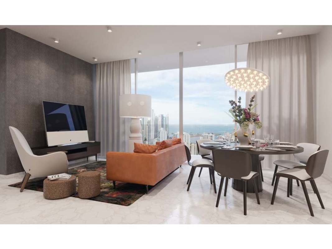 Contemporary living dining room with panoramic ocean and skyline views in Torre Sur Wanders & YOO Panama City