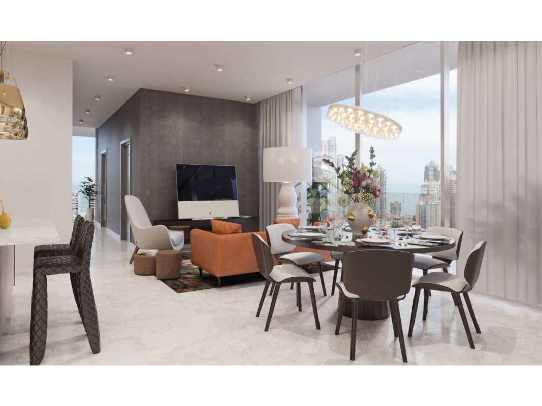 Minimalist kitchen island marble countertops lighting in Torre Sur Wanders & YOO Panama