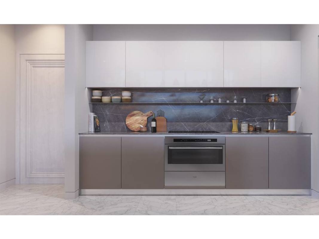 Freestanding bathtub dual sinks gold fixtures marble walls in Torre Sur Wanders & YOO Panama