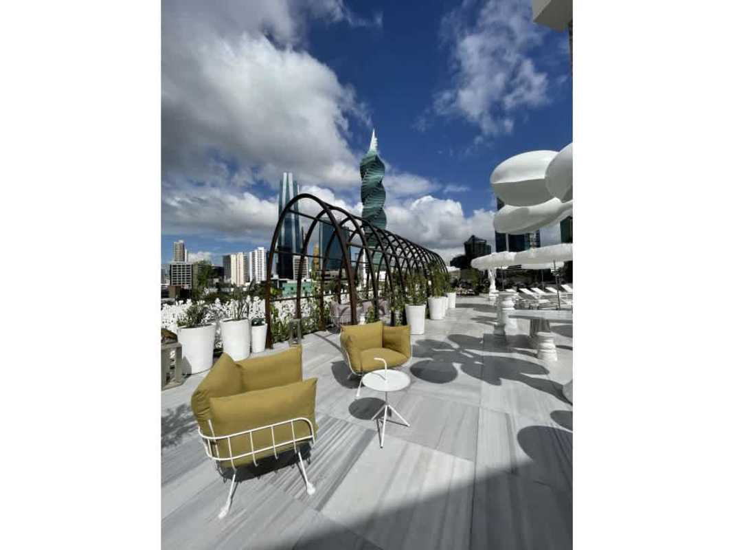Modern rooftop terrace at Torre Norte with city skyline views and lounging areas