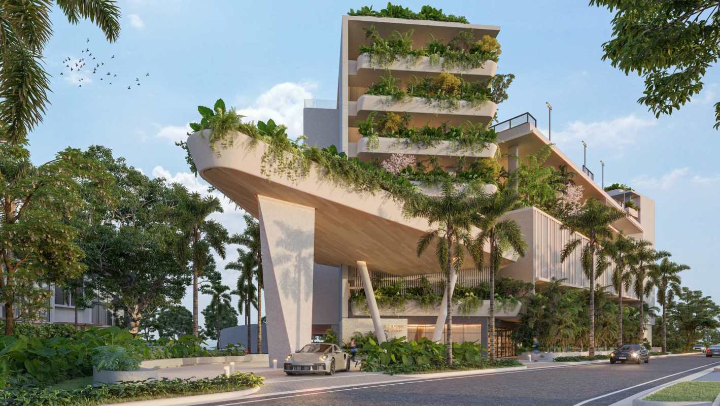 Contemporary eco-friendly condominium building with vertical gardens at Ocean Reef Islands Panama City