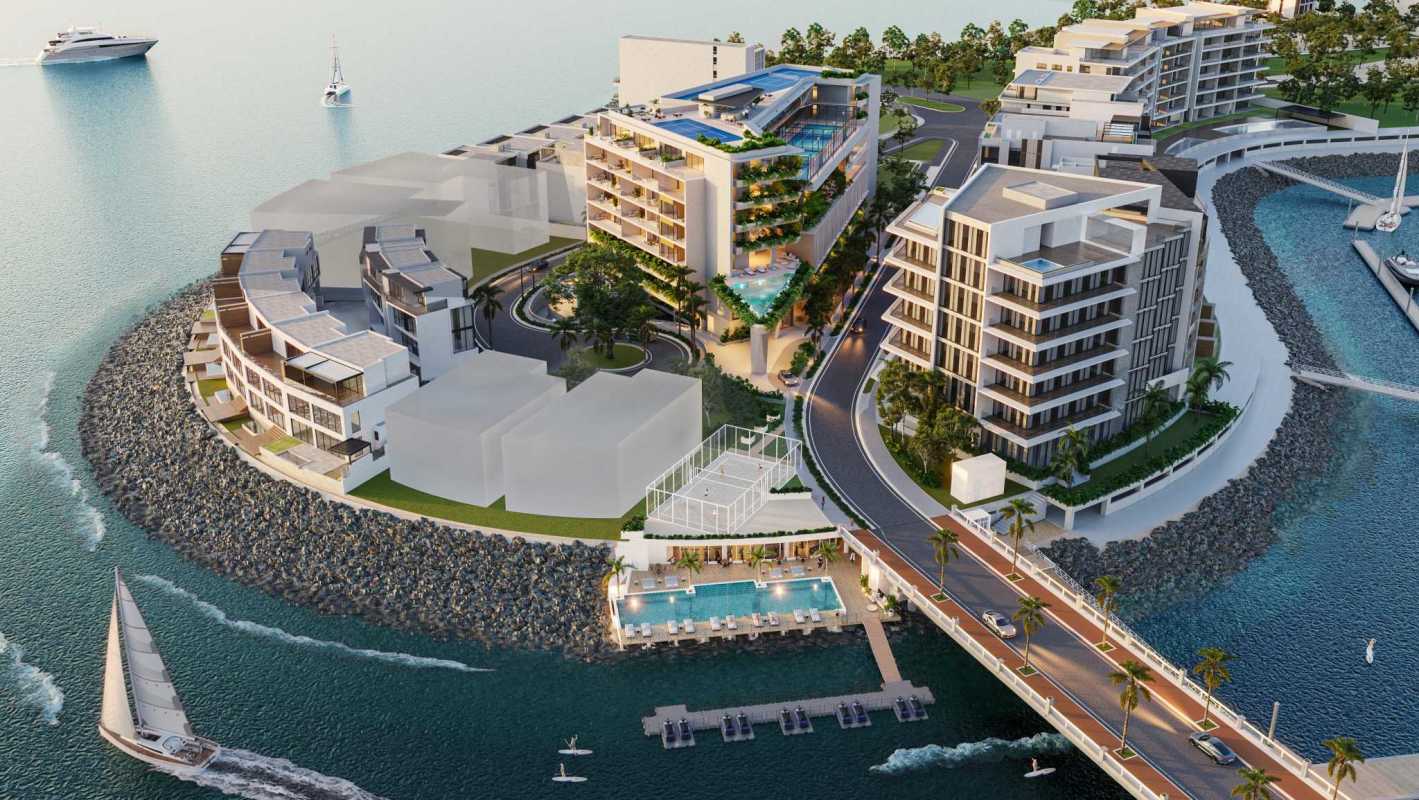 View of Ocean Reef Islands luxury waterfront development with pools, marina, and condominiums in Panama City