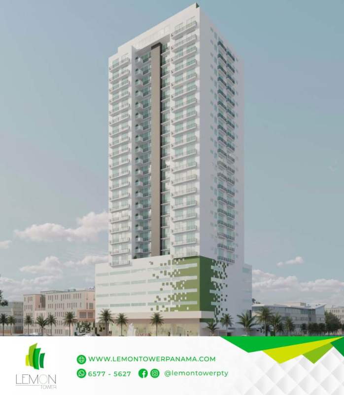 Tall modern apartment building PH Lemon Tower with balconies and urban design in Bella Vista Panama City