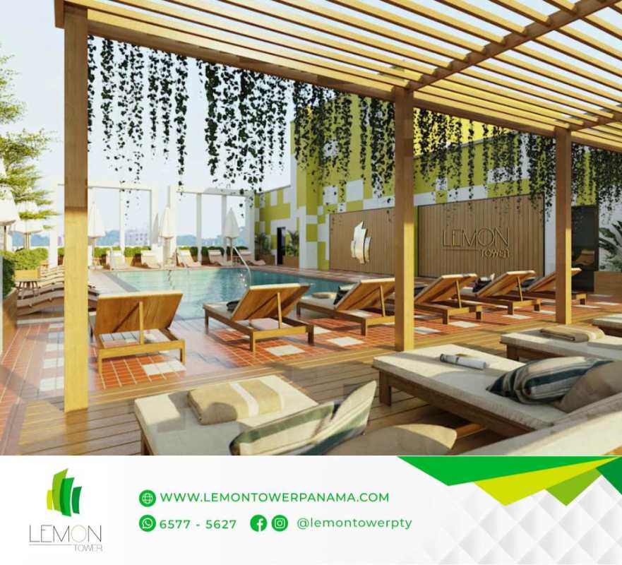Rooftop terrace with swimming pool, pergola, lounge chairs, plants in PH Lemon Tower Panama
