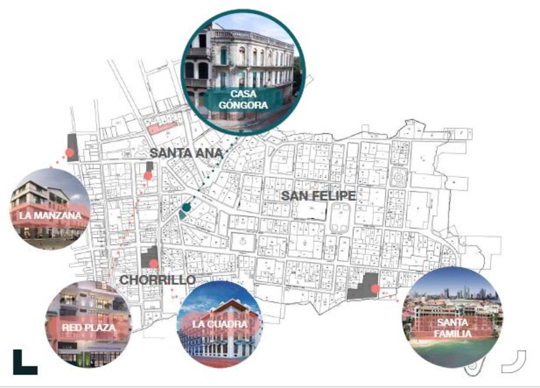 Triangular abandoned building aerial in Casco Viejo Panama on redevelopment site