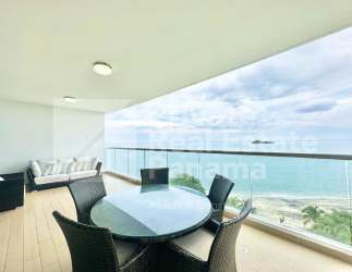 Large covered balcony with beach and ocean views in Santa Clara Residences Panama
