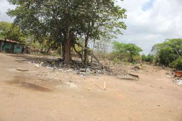 Vacant terrain with tree debris and rustic building along Pan-American Highway Aguadulce