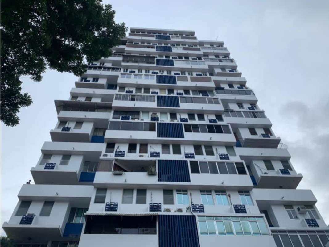 Multi-story condo facade blue white modernist with balconies Panama City