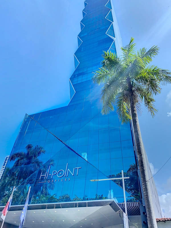 Hi-Point skyscraper in Obarrio financial center, glass and steel facade, Panama City