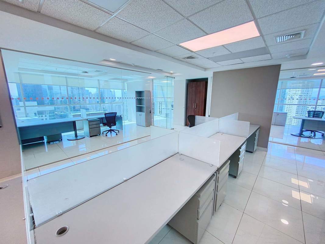 Large bright office with floor-to-ceiling windows and city views in Hi-Point Tower, Obarrio Panama City