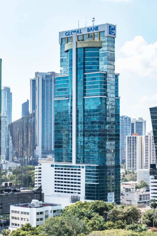 Modern glass skyscraper Torre Global Bank Financial District Panama
