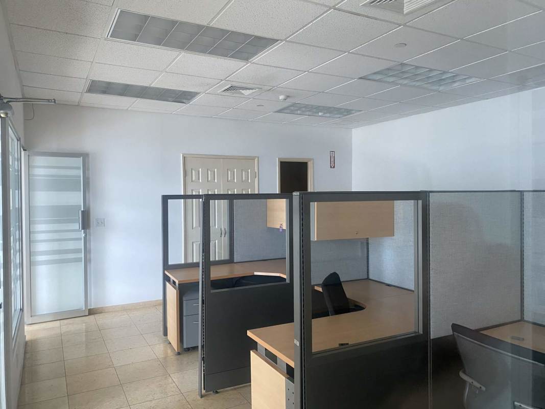 Cubicle area with glass dividers inside furnished office Torre Global Bank Panama