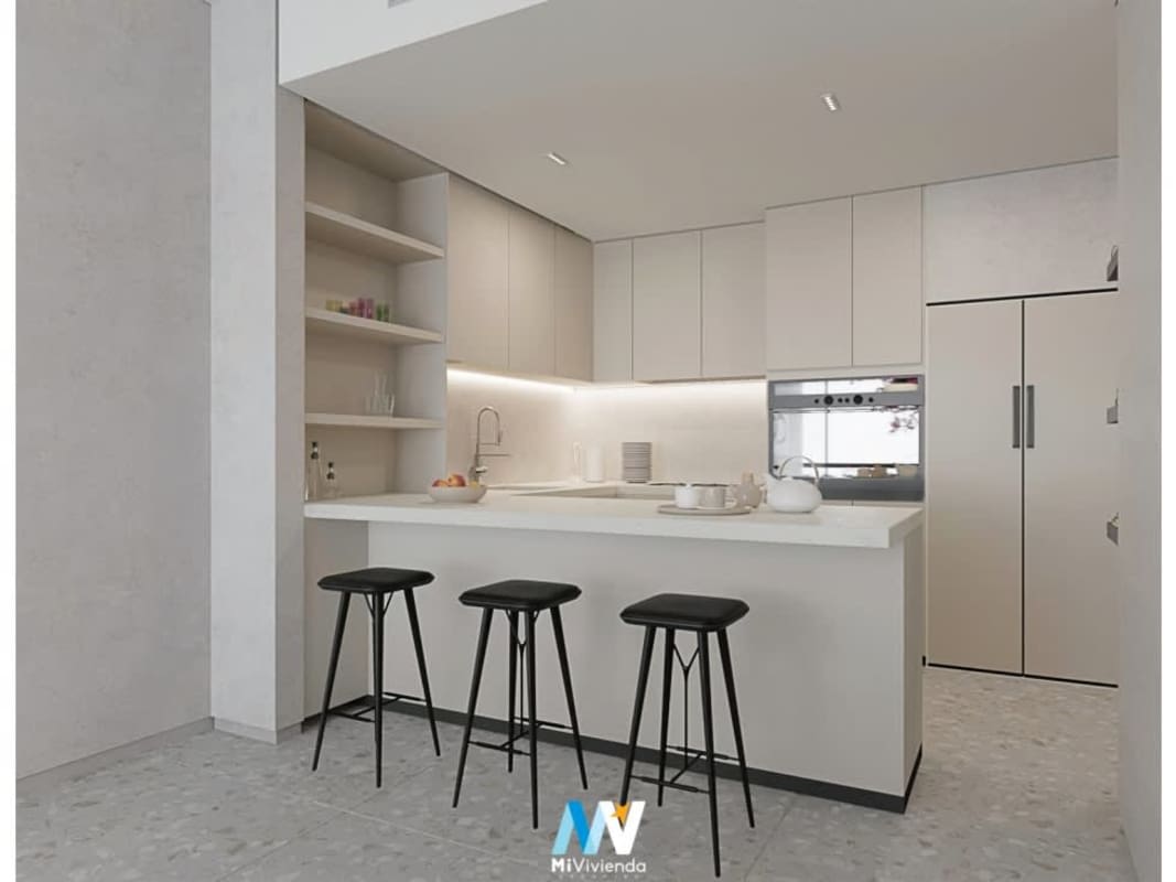 Modern minimalist kitchen with island counter, bar stools open layout PH Passage Panama apartment