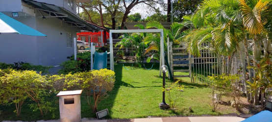 Lush tropical garden with palm trees surrounding beach home in Piedras Gordas Panama