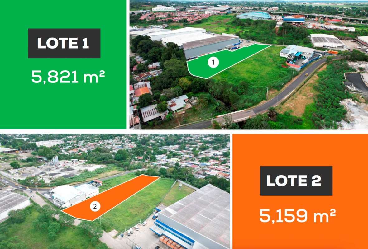 Aerial outlined twin vacant industrial parcels in Las Mañanitas Panama