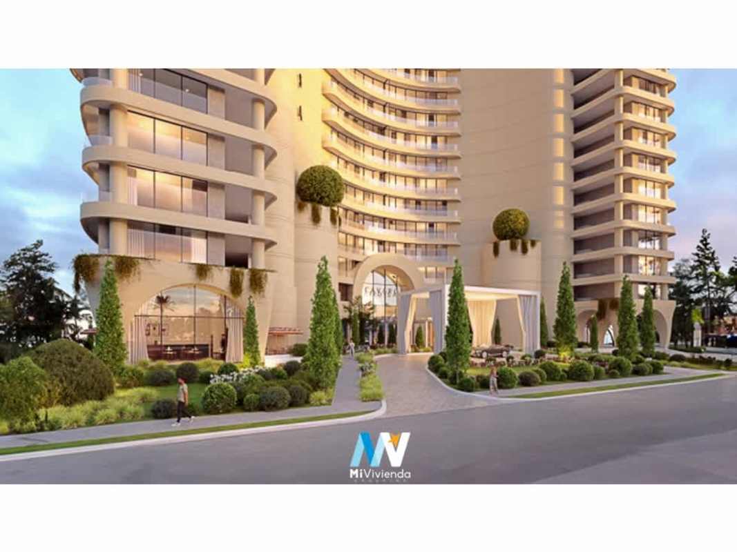 Luxury waterfront apartments with curved balconies and commercial spaces along Amador Causeway