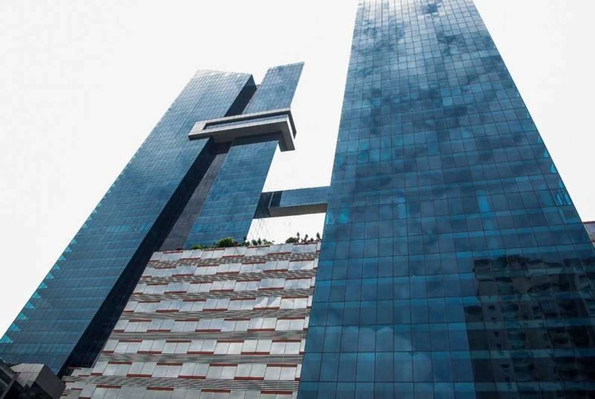 Modern twin glass skyscrapers with sky bridge PH Oceania Business Plaza Punta Pacifica Panama