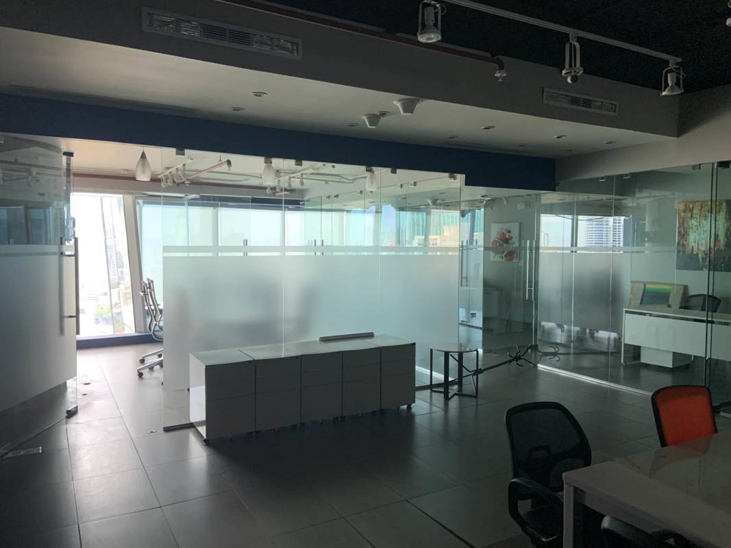 Glass-partition private office furnished overlooking Panama City skyline in PH Oceania