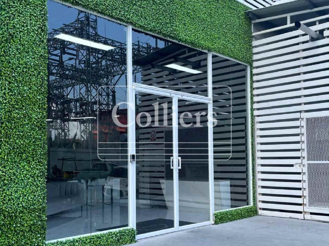 Entrance to The Sands Mall with artificial greenery and modern white panel facade Panama City