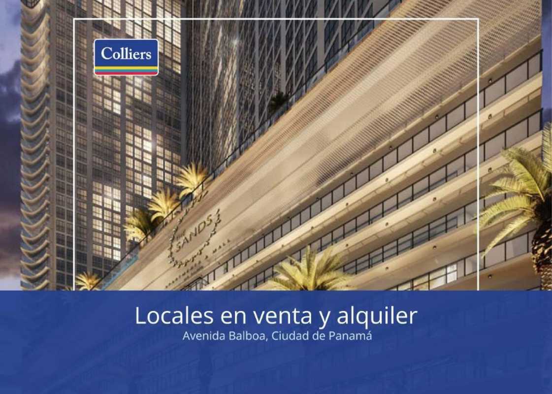 Full view of mixed-use high-rise The Sands Tower with retail floors and palm lined avenue in Panama City