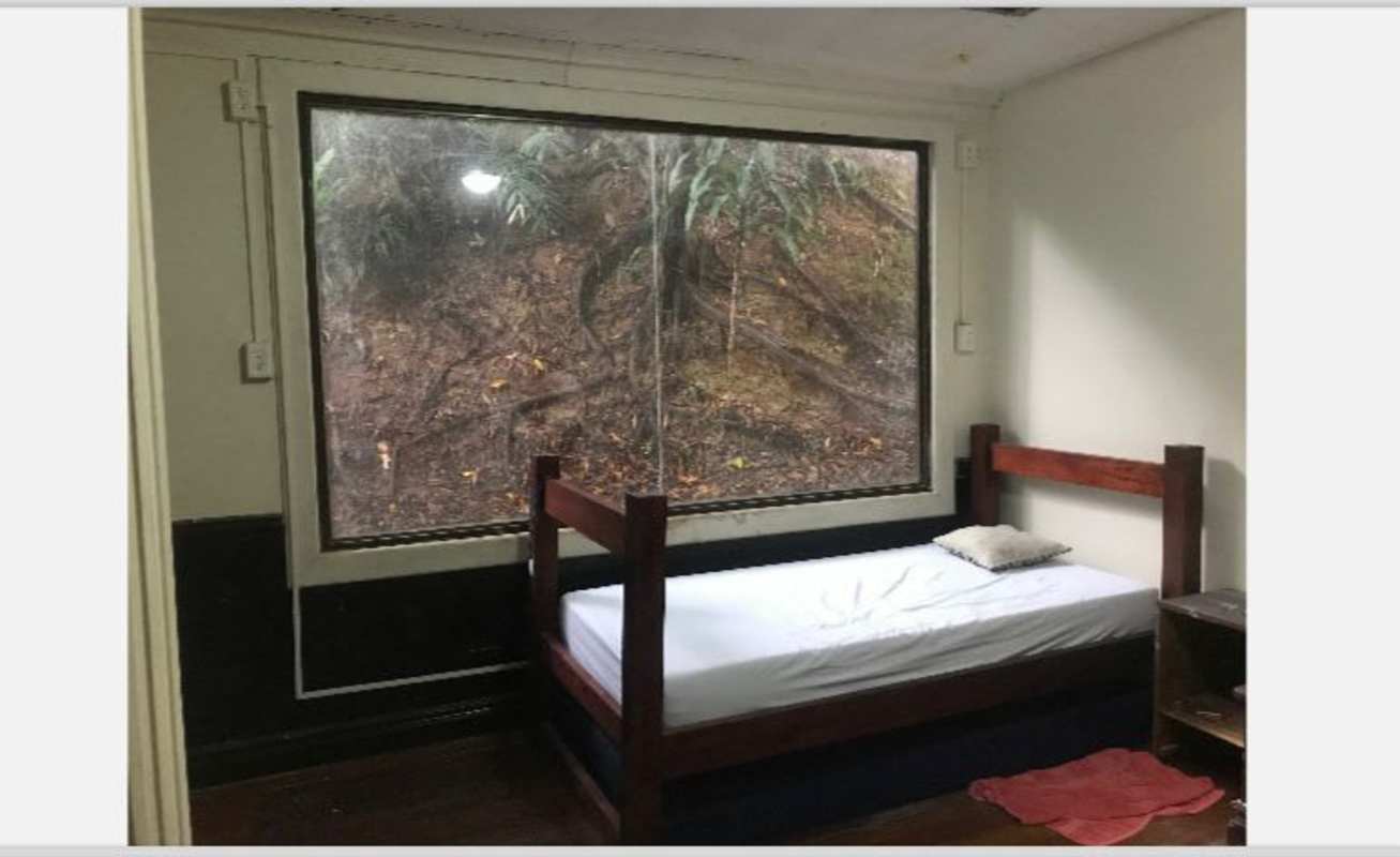 Simple bedroom with wood floors, large window facing lush forest in Ancon Hill Panama