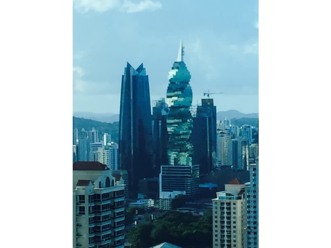Unique twisted skyscraper aerial shot in Panama City Calle 50