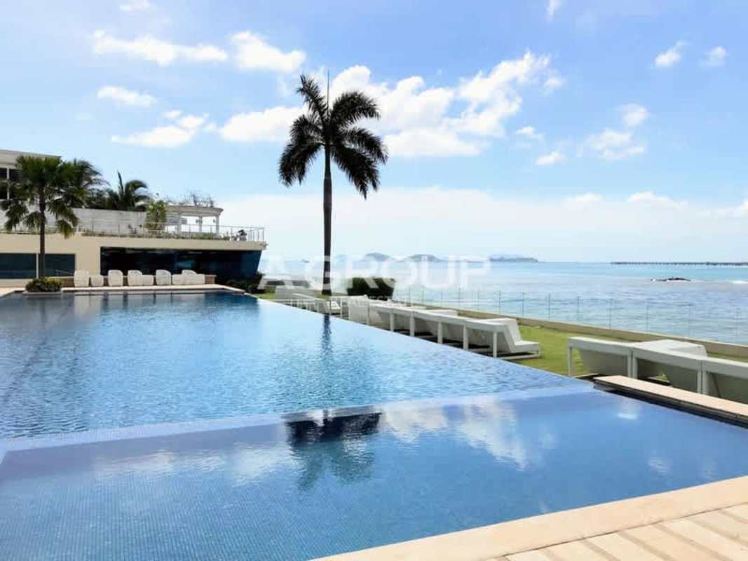 Large terrace with glass railing and city-ocean skyline views Punta Paitilla Panama