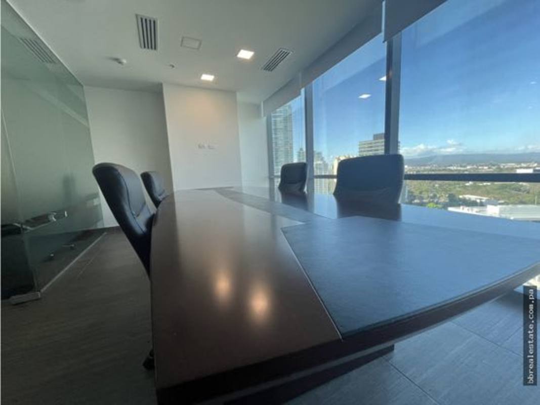 Tiled bathroom with vanity mirror and modern fixtures in office Financial Park Tower Panama