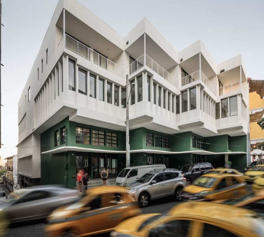 Contemporary commercial building facade across from Plaza Herrera Casco Viejo Panama City