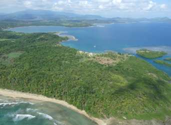 Small green island just offshore from lush coastal peninsula in Caribbean Panama