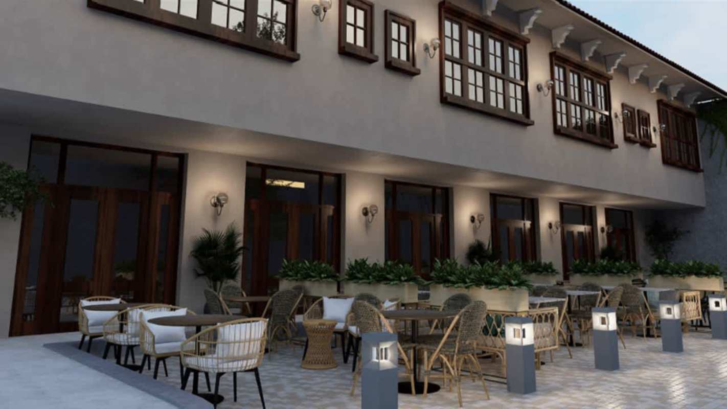 Minimalist mezzanine with wood panel wall, modern furnishings in Casco Viejo commercial plaza