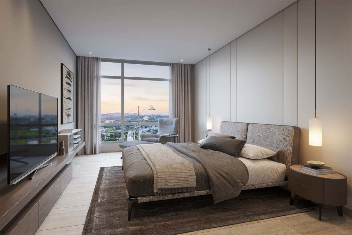 Minimalist luxury bedroom with city view window, king bed, TV, pendant lights in Santa María Golf apartment Panama