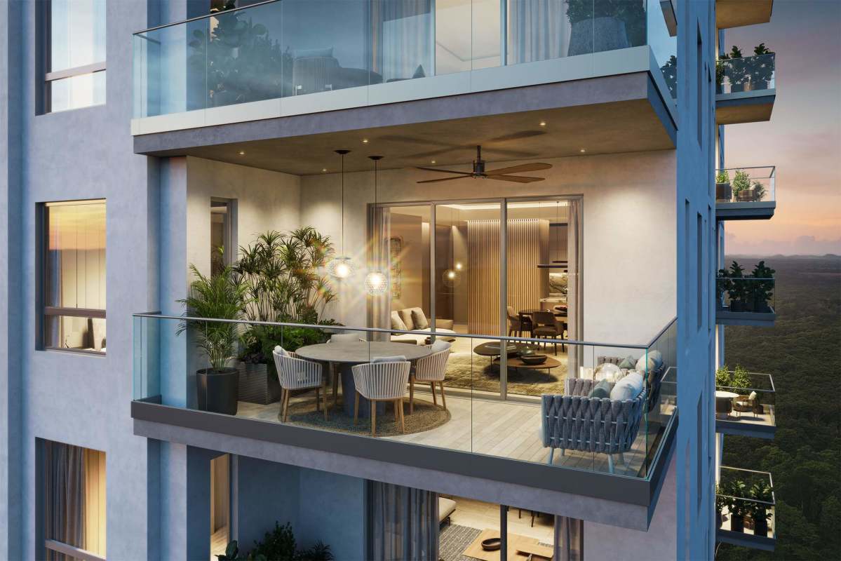 Modern apartment with spacious balcony, outdoor dining, nature view sunset at Santa María Golf Panama